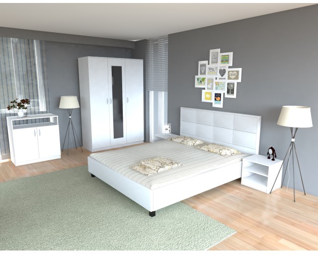 Dormitor Soft Alb cu pat tapitat alb pentru saltea 160x200 cm